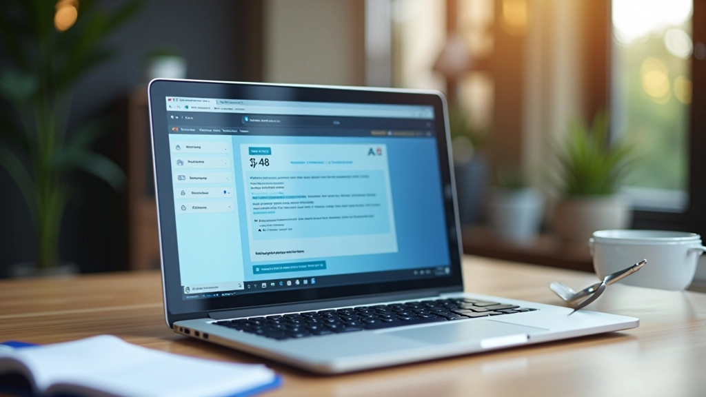 Écran d'ordinateur affichant une interface de générateur IA avec du texte généré, bureau moderne avec tasse de café