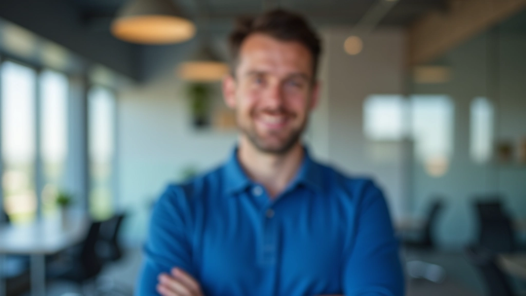 Portrait d'homme dans un bureau moderne, portant un polo bleu, expression confiante