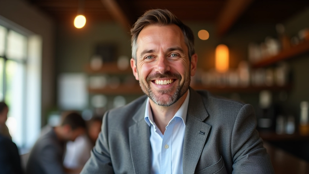 Portrait d'homme souriant dans un café, portant une veste grise, ambiance détendue