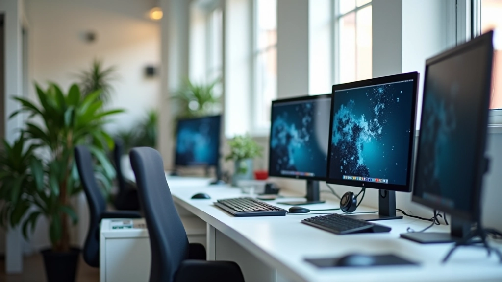 Espace de travail moderne avec ordinateurs et outils numériques visibles