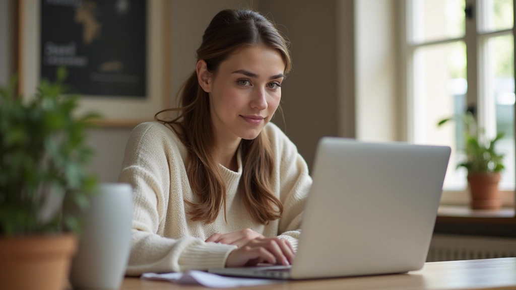 Personne utilisant un générateur IA sur un ordinateur portable, concentrée sur le travail créatif, environnement de travail à domicile confortable