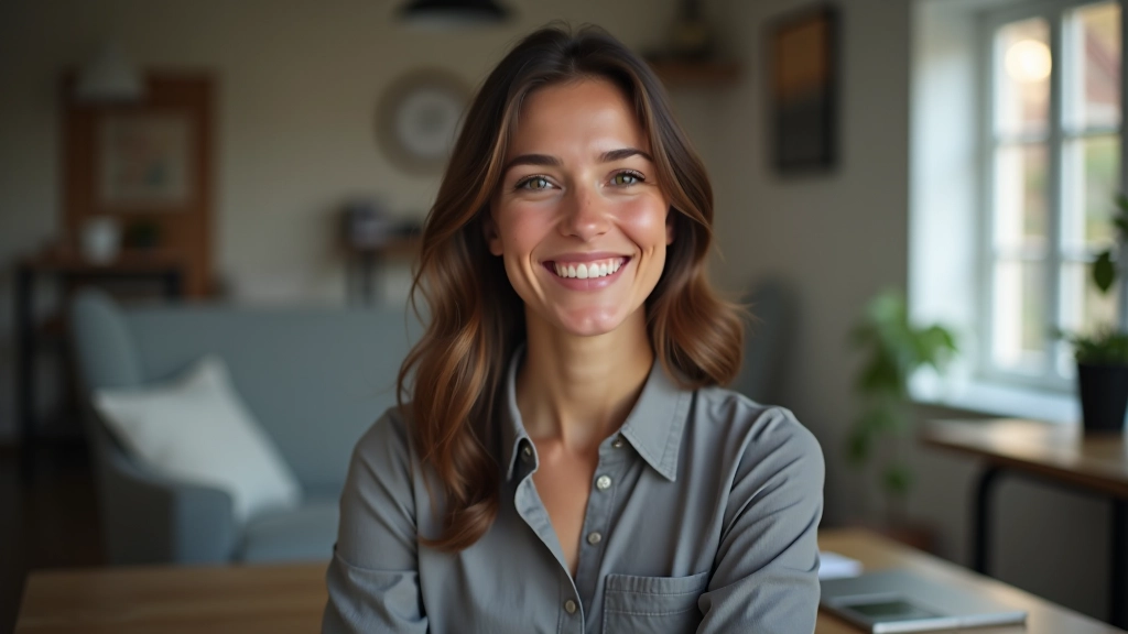 Portrait de femme dans un espace créatif, portant un chemisier gris, sourire chaleureux